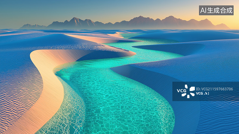 【AI数字艺术】沙漠中的碧蓝水道图片素材