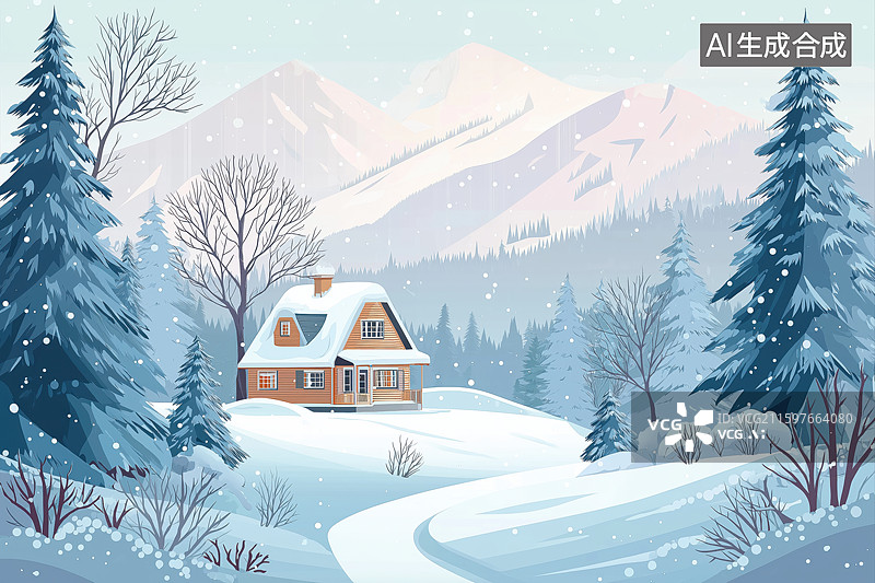 【AI数字艺术】雪景中的木屋与松树图片素材