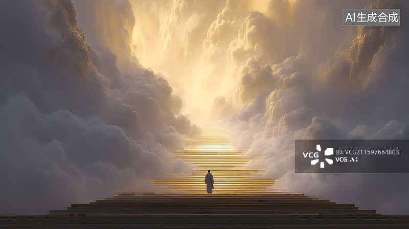 【AI数字艺术】云间金梯的孤寂行者图片素材