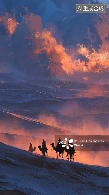 【AI数字艺术】沙漠驼队日落剪影图片素材