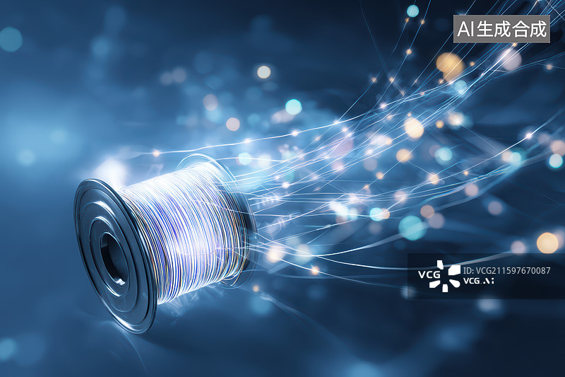 【AI数字艺术】蓝色光缆与发散光点科技场景图片素材