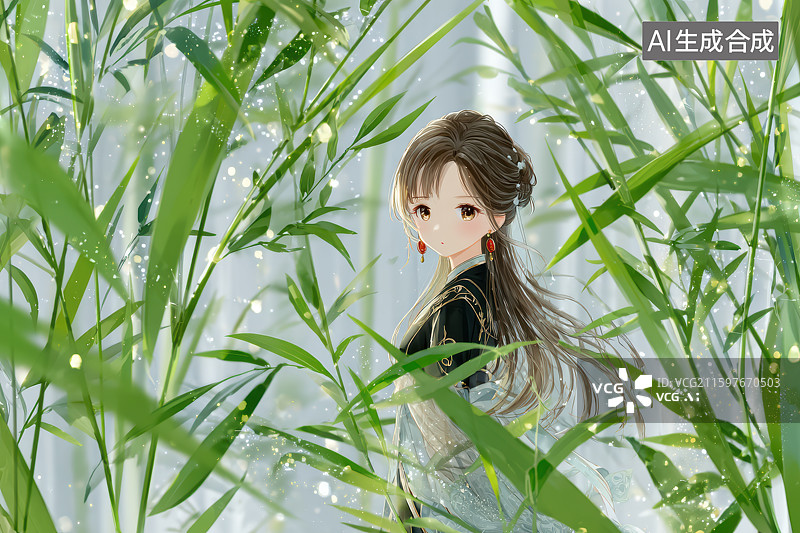 【AI数字艺术】竹林中一袭古装的女子图片素材