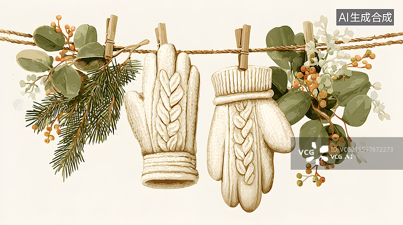【AI数字艺术】AIGC：晾衣绳上的冬日毛线手套，插图插画图片素材