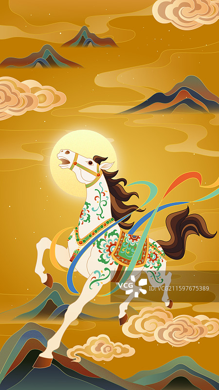 马年新年午马装饰风格敦煌风国风国潮插画图片素材