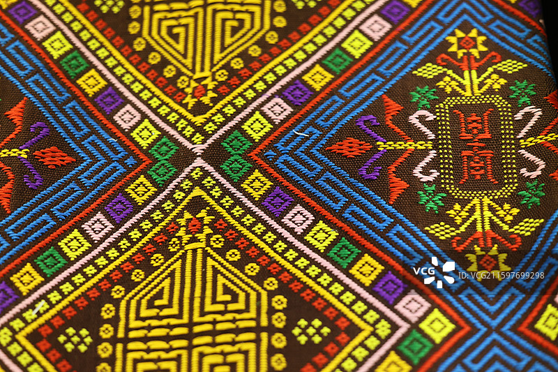 中国传统少数民族服饰纺织品布艺手工工艺展品特写图片素材