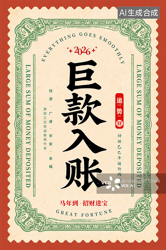 【AI数字艺术】2026年巨款入账玄学符咒图案 祝福符纸装饰海报模版 中式复古传统边框纹样 复古银票单据 竖版图片素材