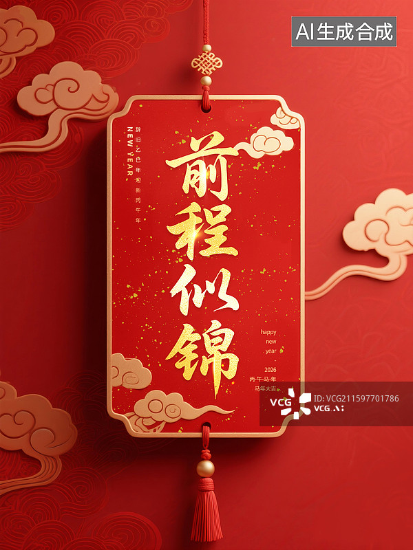 【AI数字艺术】2026年前程似锦祝福 3D渲染新中式国潮风竖向卷轴 祥云灯笼折扇元素 传统节日主题场景 吊牌吊坠图片素材