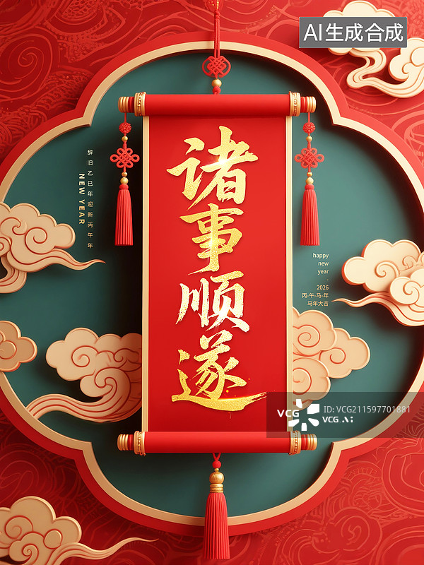 【AI数字艺术】2026年诸事顺遂祝福 3D渲染新中式国潮风竖向卷轴 祥云灯笼折扇元素 传统节日主题场景 红色背景图片素材