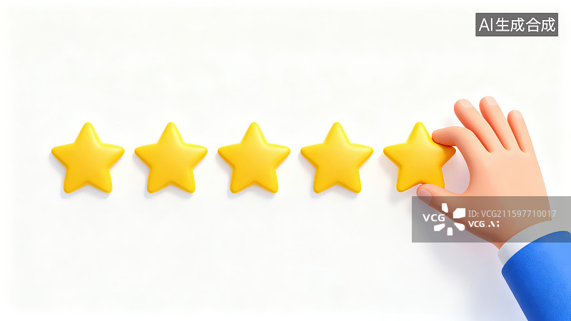 【AI数字艺术】白色背景下蓝色袖子的卡通手捏着拿着一颗黄色五角星，客户评价反馈星级点评体验服务等级满意度调查概念图片素材