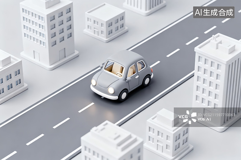 【AI数字艺术】3D渲染立体卡通模型汽车行驶在城市景观道路上图片素材