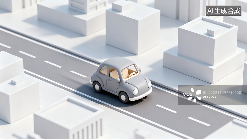【AI数字艺术】3D渲染立体卡通模型汽车行驶在城市景观道路上图片素材
