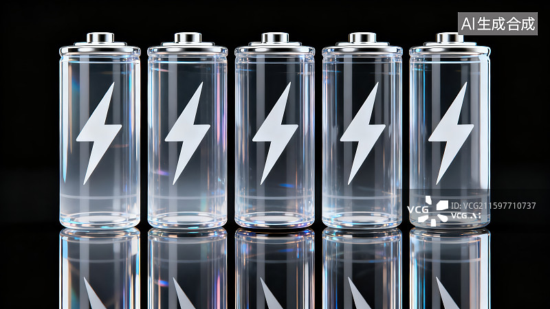 【AI数字艺术】黑色背景下整齐排列的五个透明电池上边有个发光的闪电符号与桌面形成反射倒影图片素材