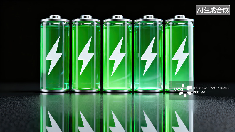 【AI数字艺术】黑色背景下整齐排列的五个透明电池上边有个发光的闪电符号与桌面形成反射倒影图片素材