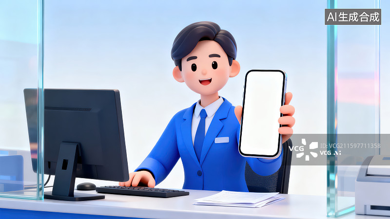 【AI数字艺术】一位穿着银行制服的卡通人物在银行环境中展示白色屏幕的智能手机，储蓄投资理财金融保险插画背景图片素材