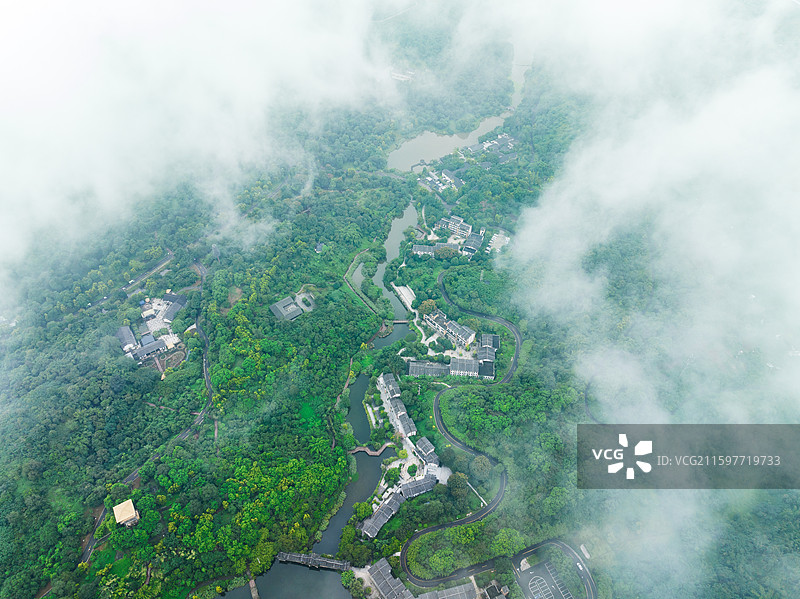 航拍云雾中的张坝桂圆林公园风景图片素材