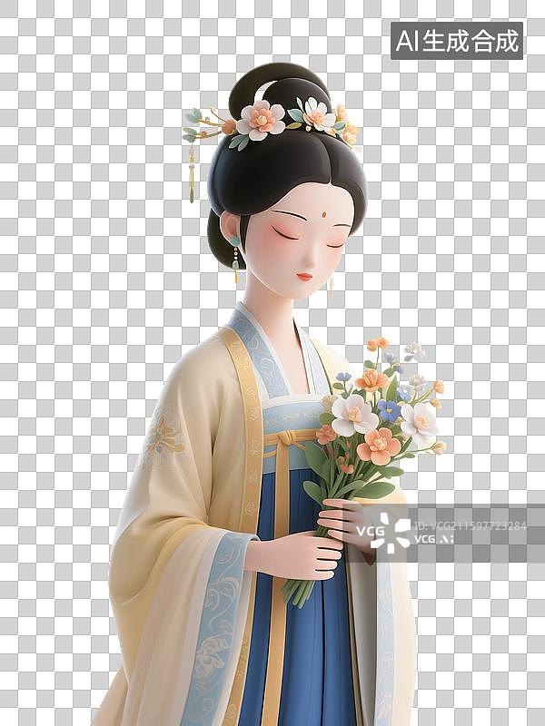 【AI数字艺术】3D渲染，古代女性，穿汉服的女性，传统服装，古装汉服，仕女图，免抠元素图片素材
