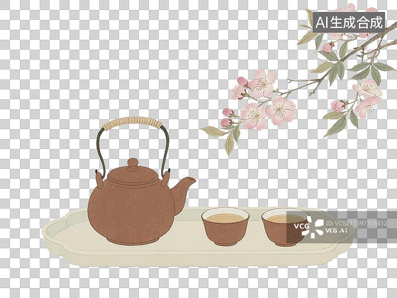 【AI数字艺术】中国风手绘插画，茶具和桃花，海棠花，茶壶茶杯，茶叶，茶文化，茶道，春天，立春，春分，清明节，免抠元素图片素材