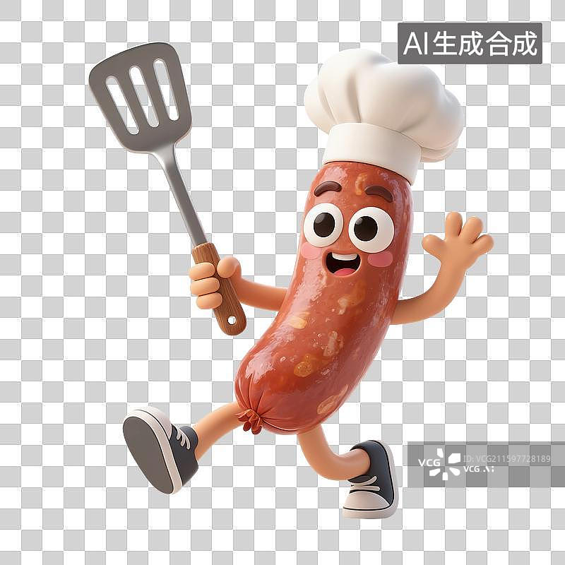 【AI数字艺术】3D渲染，厨师烹调，可爱的卡通热狗，腊肠，香肠，肉肠，烤肠，美味食物免抠元素图片素材