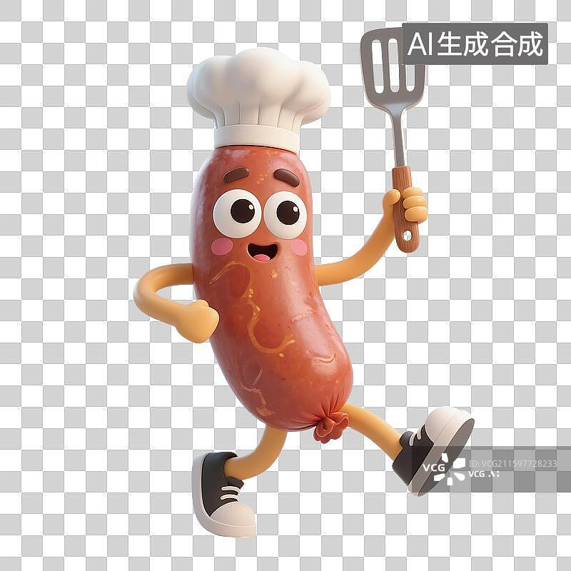 【AI数字艺术】3D渲染，厨师烹调，可爱的卡通热狗，腊肠，香肠，肉肠，烤肠，美味食物免抠元素图片素材