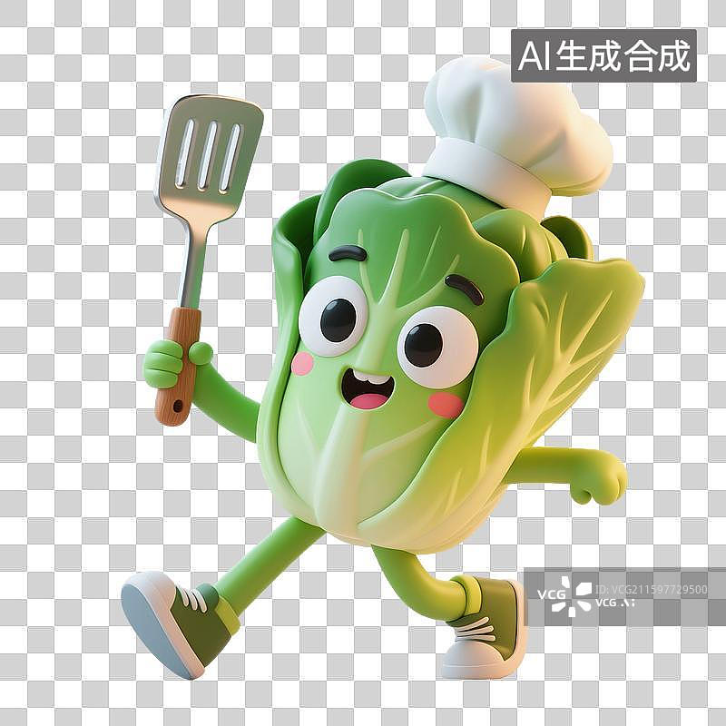 【AI数字艺术】3D渲染，厨师烹调，卡通大白菜，青菜，植物蔬菜免抠元素图片素材
