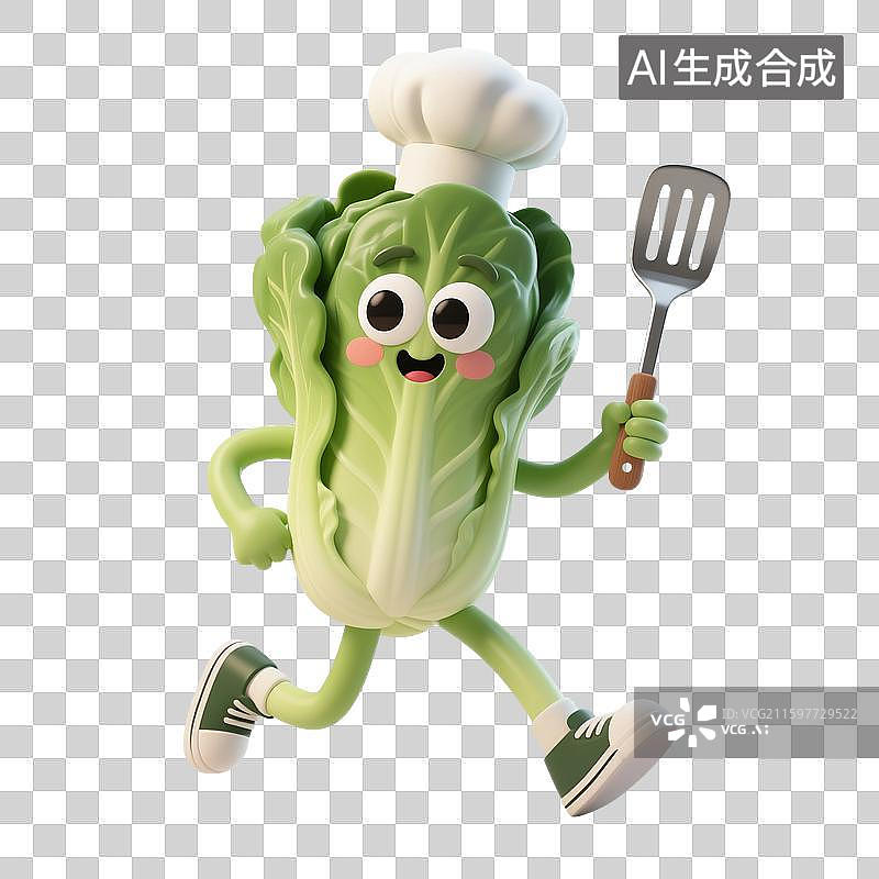 【AI数字艺术】3D渲染，厨师烹调，卡通大白菜，青菜，植物蔬菜免抠元素图片素材