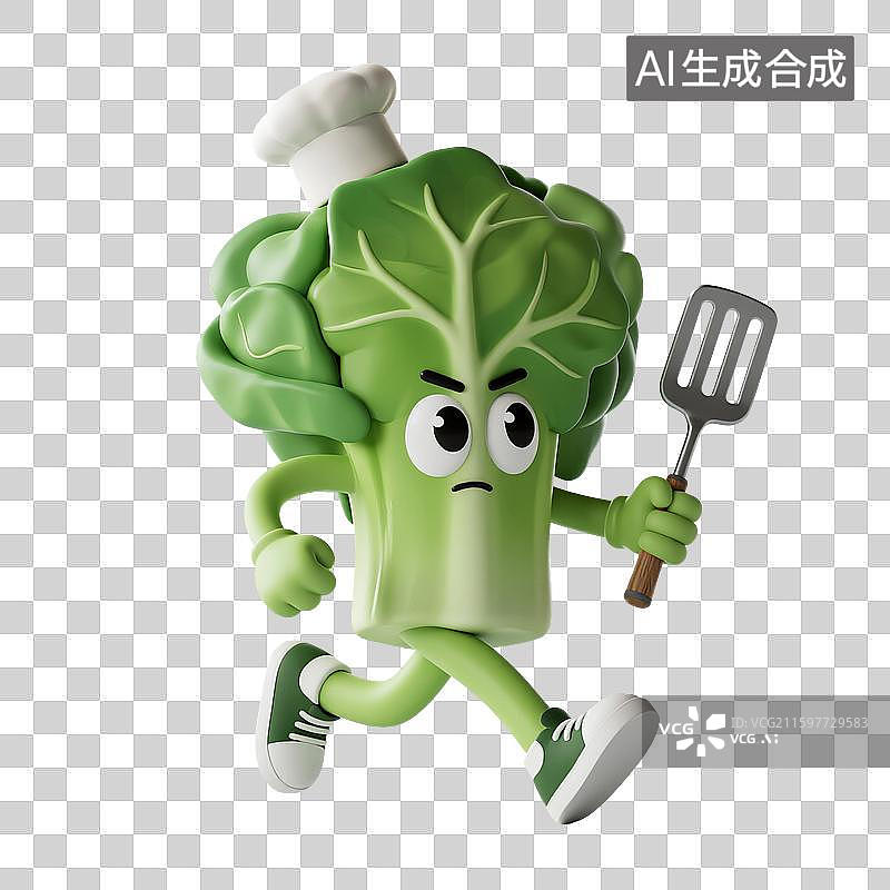 【AI数字艺术】3D渲染，厨师烹调，卡通大白菜，青菜，植物蔬菜免抠元素图片素材