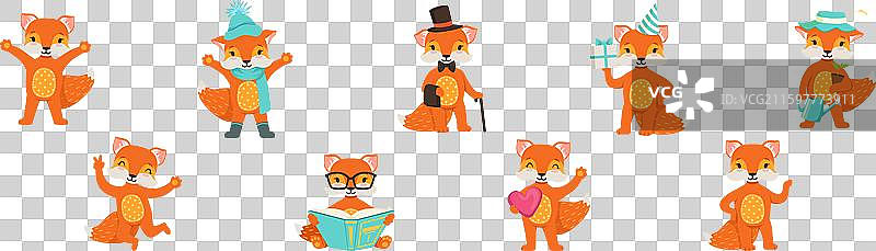 可爱的红狐狸角色，做出不同的姿势图片素材