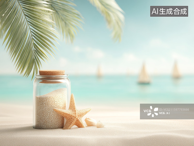 【AI数字艺术】沙滩上的玻璃瓶与海星图片素材
