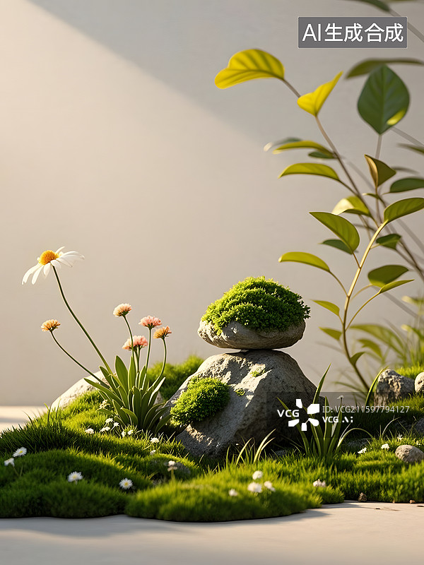 【AI数字艺术】小草坪石块展台浅粉色商品背景图片素材