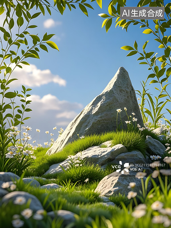 【AI数字艺术】小草坪石块展台浅粉色商品背景图片素材