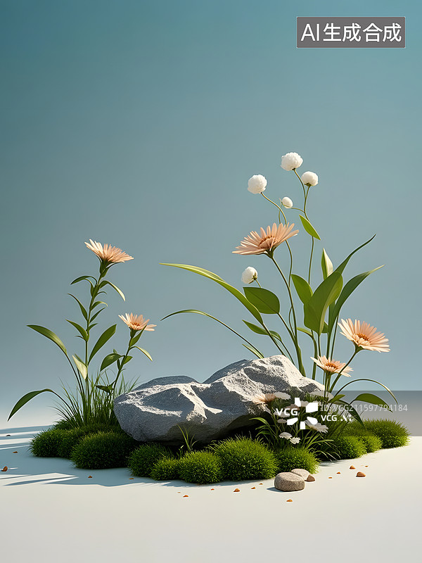 【AI数字艺术】小草坪石块展台浅粉色商品背景图片素材