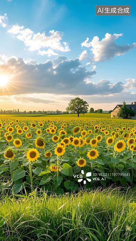 【AI数字艺术】向日葵与小木屋图片素材
