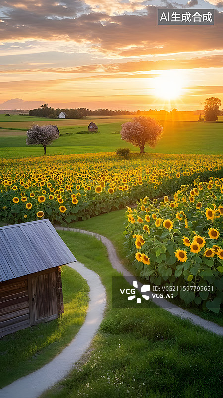 【AI数字艺术】向日葵与小木屋图片素材