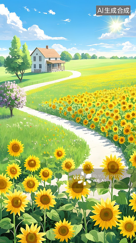 【AI数字艺术】向日葵与小木屋图片素材