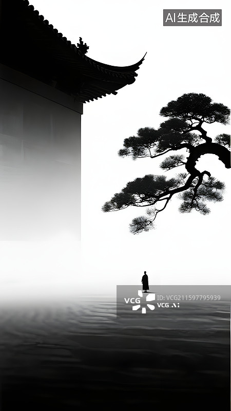 【AI数字艺术】中国禅意水墨风建筑与人图片素材