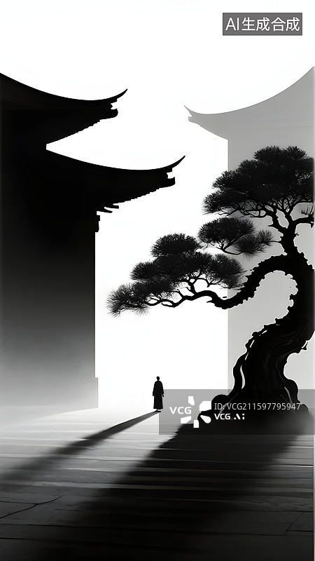 【AI数字艺术】中国禅意水墨风建筑与人图片素材