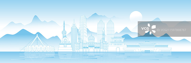 西宁城市建筑科技现代蓝色线稿矢量插画图片素材
