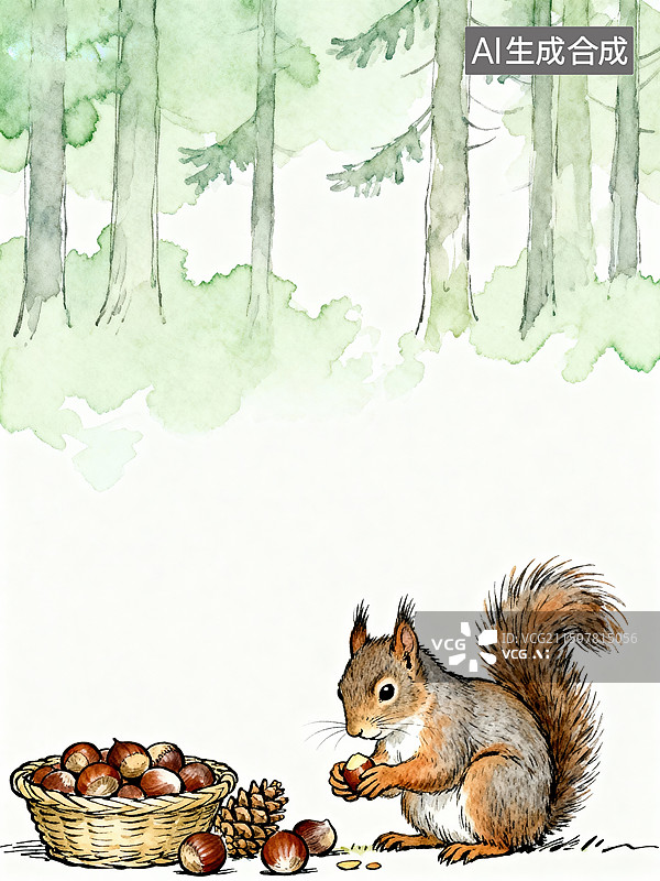 【AI数字艺术】温馨松鼠水彩插画秋季坚果收集图片素材