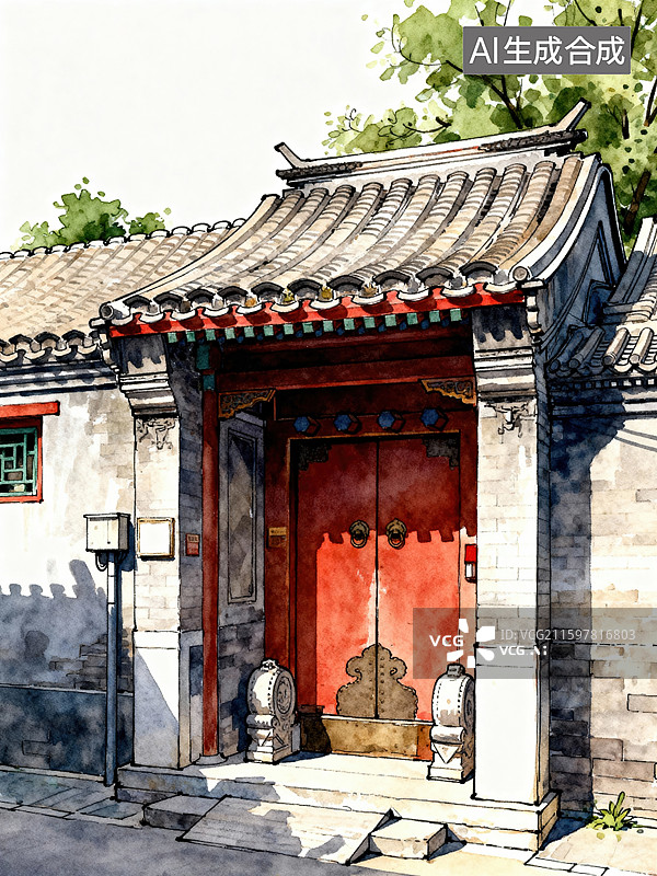 【AI数字艺术】中国传统建筑四合院门楼水彩插画图片素材