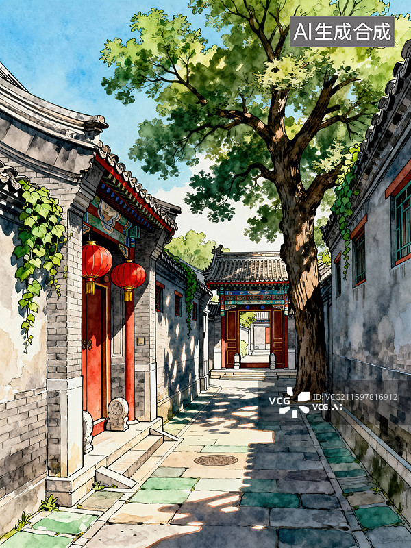 【AI数字艺术】中国传统建筑四合院门楼水彩插画图片素材