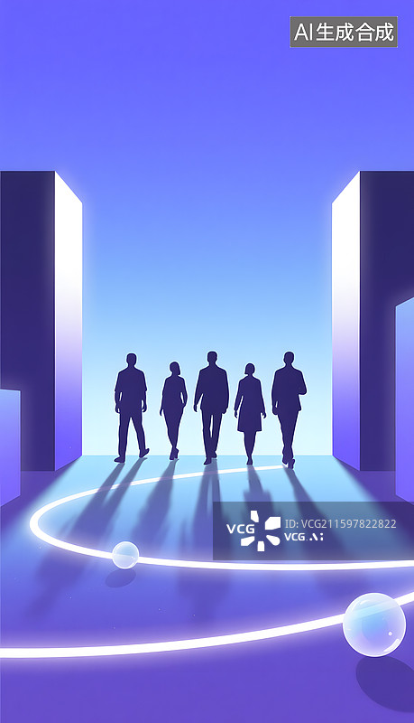 【AI数字艺术】五人剪影走向光门科技感场景图片素材