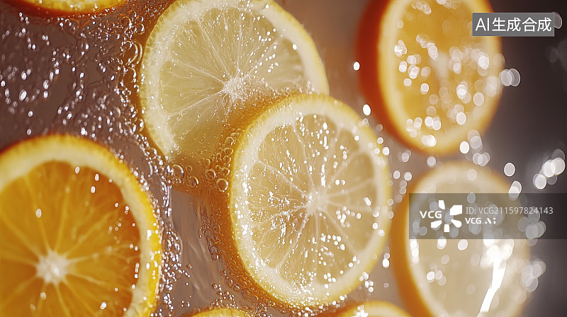 【AI数字艺术】柑橘切片与气泡的特写图片素材