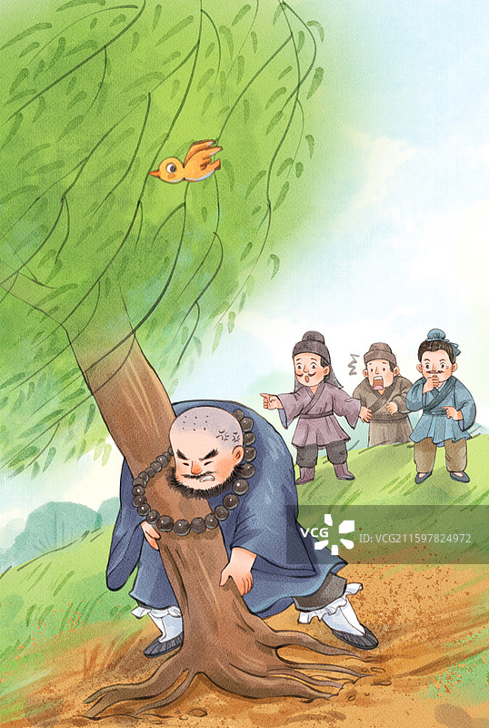 手绘水彩水浒传之倒拔杨垂柳竖图插画图片素材