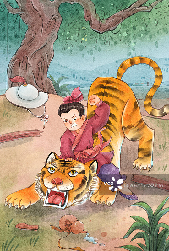 手绘水彩水浒传之景阳冈打虎竖图插画图片素材