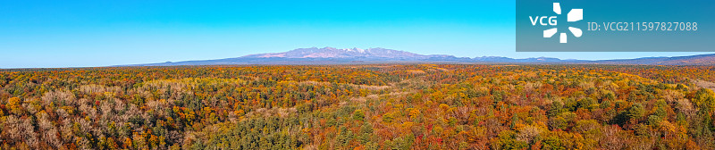 秋天航拍远望长白山天池山峰和森林彩树全景风光图片素材