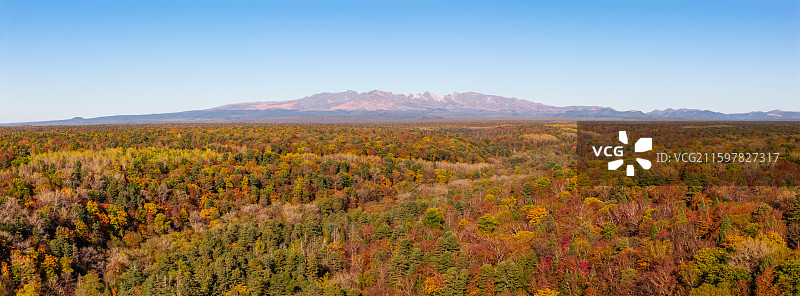 秋天航拍远望长白山天池山峰和森林彩树全景风光图片素材