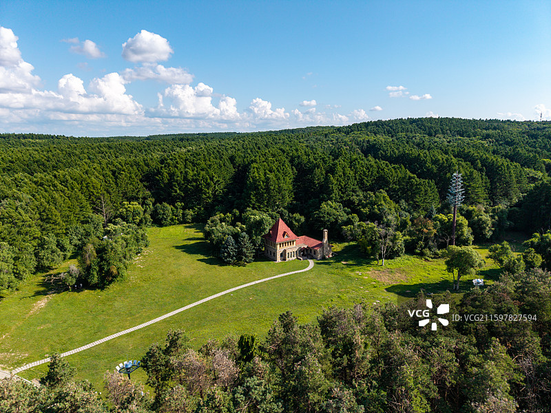 中国吉林省长春市净月潭森林公园中国瓦萨博物馆夏季高视角航拍图片素材