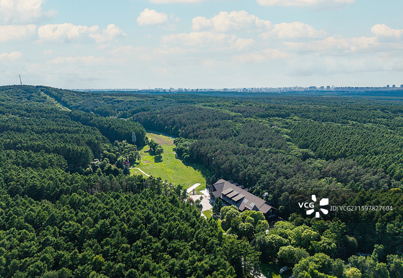 中国吉林省长春市净月潭森林公园中国瓦萨博物馆夏季高视角航拍图片素材