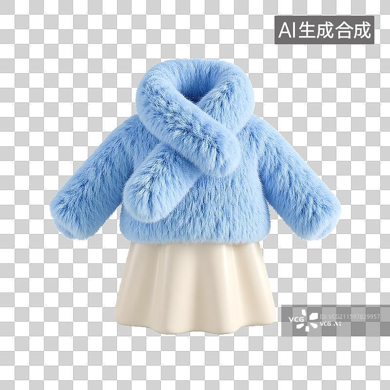 【AI数字艺术】3d膨胀风蓝色毛绒外套搭配米色裙装图片素材