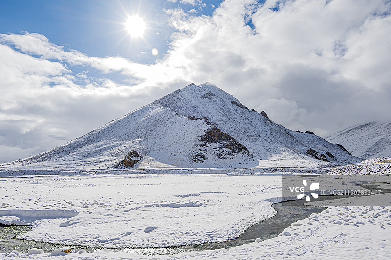 雪山下蜿蜒流淌的溪流图片素材